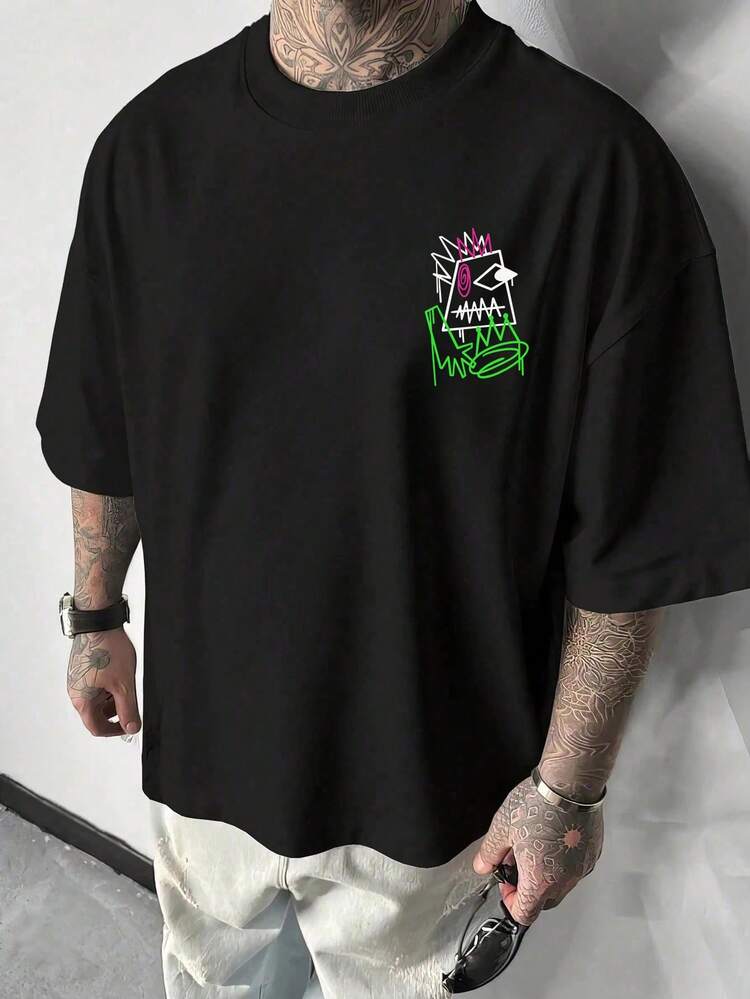 Men's Black Oversized Tee With Neon Green Hot Pink Doodle Monster &  Print, Edgy Y2K Skater Streetwear Top - 黑色 - 查看 2
