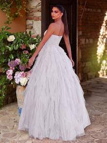 Faeriesty Romantic Strapless Bridal Gown, Layered Ruffled Tulle Dress, A-Line Silhouette, Perfect For Classic Weddings, Graduation, Evening Galas Elegant White - White - View 3