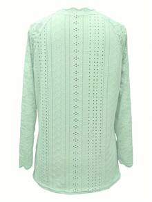 T-Shirt With Eyelets And Contrasting Lace V-Neck, Elegant Long-Sleeved T-Shirt For Spring And Autumn, Women's Clothing - 淺藍色 - 查看 3