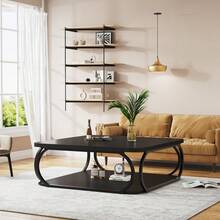 Tribesigns 40 Inch Coffee Table With Storage Shelf, 2-Tier Low Square Coffee Table With Farmhouse Wood Tabletop Heavy Duty Metal Curved Frame For Living Room - 黑色 - 查看 8