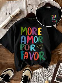 Dopamine-Colored Lettering And Heart Patterns On The Front And Back, Crew Neck Short-Sleeved T-Shirt For Everyday Commuting. Printed T-Shirt For Women. - Black - View 2