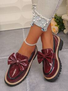 Mocasines de cuña con suela gruesa para mujer, zapatos tipo slip-on con lazo estilo preppy - Burdeos - Ver 2