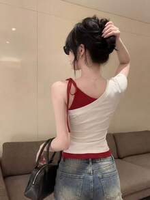 美式街頭風不對稱肩撞色 2 合 1 短袖 T-shirt，甜辣女孩印花修身女款上衣，夏季白色 - 白色 - 查看 7