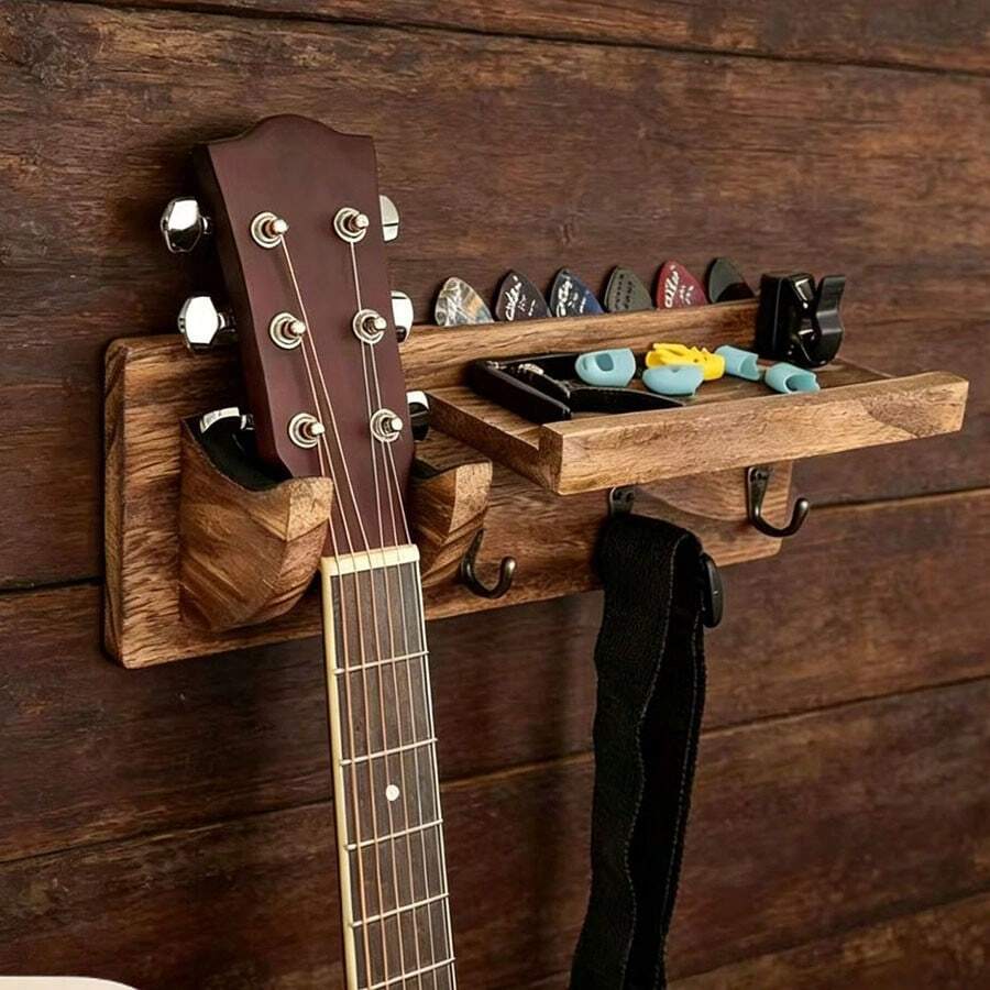Retro Solid Wood Guitar Pick Wall Mount Storage Rack, Rustic Hanging Organizer For Bedroom Entryway - 1PC - View 1