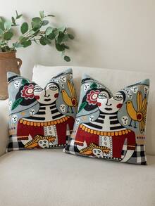 1 pieza Funda de cojín decorativa moderna vintage rústica bohemia de arte folclórico Día de Muertos con bordado, suave, lavable a máquina, para sofá, dormitorio, sala de estar, decoración del hogar - azul - Ver 5