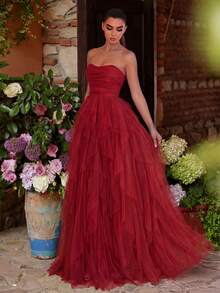 Faeriesty Romantic Strapless Bridal Dress, Layered Ruffle Tulle Skirt, A-Line Silhouette, Suitable For Classic Weddings, Graduations, Galas - Red - View 5
