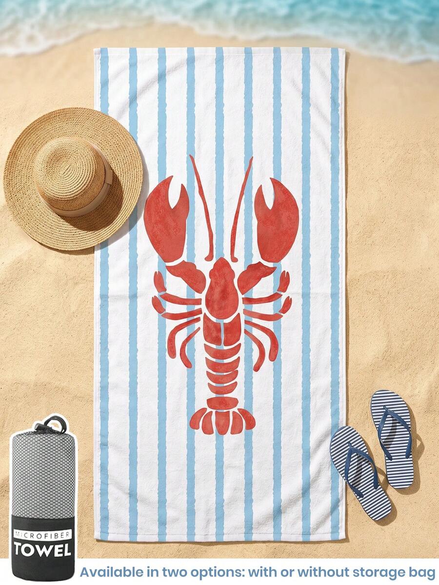 1 pieza Toalla de playa, esencial de playa, decoración de vacaciones y baño, súper absorbente, adecuada para baño, natación, fitness, yoga, microfibra suave, ligera y portátil, a prueba de viento, a prueba de sol, a prueba de arena, viaje de verano, estampado de langosta - Multicolor - Ver 1