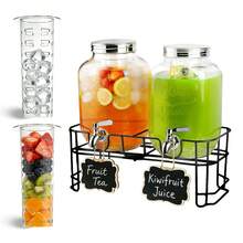 2pcs/Set 1 Gallon Glass Beverage Dispenser With Metal Stand, Stainless Steel Spigot & Fruit Infuser Core, Double Drink Dispenser With Chalkboard Tags For Parties And Events - View 3