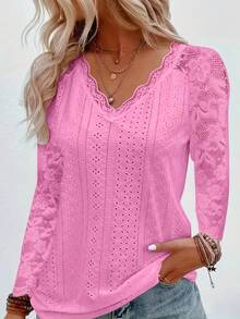 T-Shirt With Eyelets And Contrasting Lace V-Neck, Elegant Long-Sleeved T-Shirt For Spring And Autumn, Women's Clothing - White - View 11