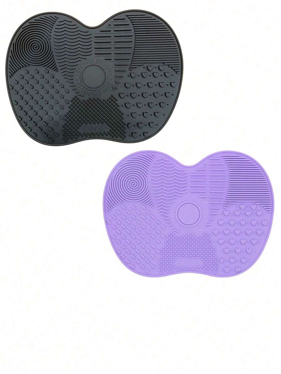 Silicone Makeup Brush Cleaning Mat With Suction Cup, Portable Makeup Brush Cleaning Tool, Apple-Shaped Silicone Makeup Brush Cleaning Pad - 2 件(紫色和黑色) - 查看 1