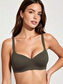 1pc Women's Comfortable Wireless Soft Cup Seamless Solid Color Bra - Army Green - View 3