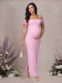 JustVH Elegant Off-Shoulder Bow Decor Long Maternity Dress, Pink Summer Gown, Suitable For Baby Shower And Formal Occasions Fall - Pink - View 4