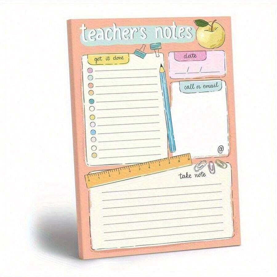 1/4 Pcs Fun Design "Teacher's Notes" Planner, With Clearly Divided Sections Including To-Do, Date, Communication, And Note Sections. Featuring Adorable Apple And Pencil Illustrations, It Ensures Efficient Daily Planning, 30-Sheet/Pc School Supplies - one-size - View 1