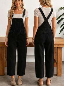 Women's Black Denim Overalls With Straps, Cargo Pockets, Long Length, Elegant & Vintage Style Jumpsuit For Fall - Black - View 7