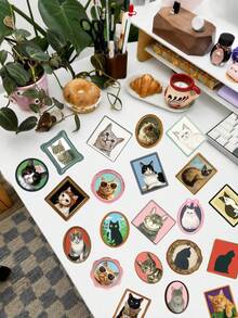 50Pcs Aesthetic Framed Oil Painting Cat Vinyl Stickers, Exquisite Vintage Texture Kitten Illustrations Decals Perfect For Diary Decoration, Album Collage & Handmade Card Making - Multicolor - View 3