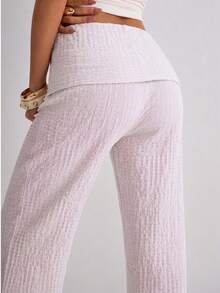 Women's Solid Color Textured Fabric Casual Straight Wide Leg Pants - White - View 4