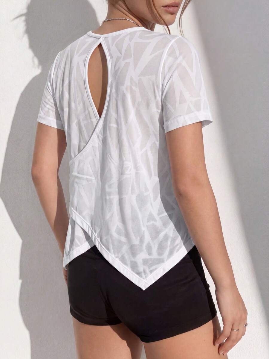 1pc Women's Knitted Jacquard T-Shirt, Back Hollow Design, Cross Hem Design, Yoga And Other Activities Sports White - White - View 1