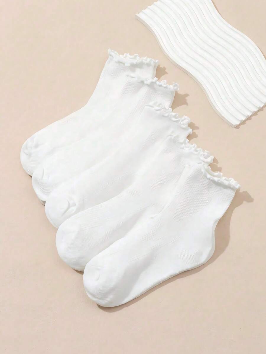 6/3/1 Pair Spring/Summer Solid Color Ruffle Lace Mid-Calf Socks, Women's Accessory Socks, Boot Socks, Affordable Clothing, Y2K Cute Sporty Style - Multicolor - View 1