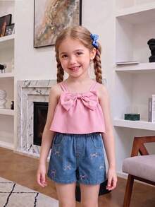 Conjunto casual y lindo de niña pequeña, chaleco con tirantes y decoración de moño + pantalones cortos de mezclilla con bordado de moño - Rosa - Ver 2