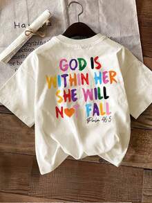 [Impresión a doble cara] Top casual de verano para mujer, estilo divertido, estampado de corazones, estampado de letras coloridas "GOD IS WITHIN HER", cuello redondo. - Albaricoque - Ver 2