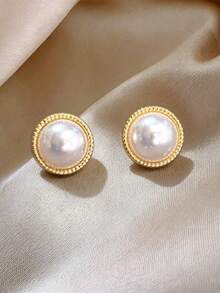 1 Pair Gold French Vintage Minimalist Exquisite Light Luxury Elegant Sweet Gentle Niche High-End Faux Pearl Stud Earrings Ear Jewelry Suitable For Teenage Girls Valentine's Day Daily Holiday Wear - Round Pearls - View 3