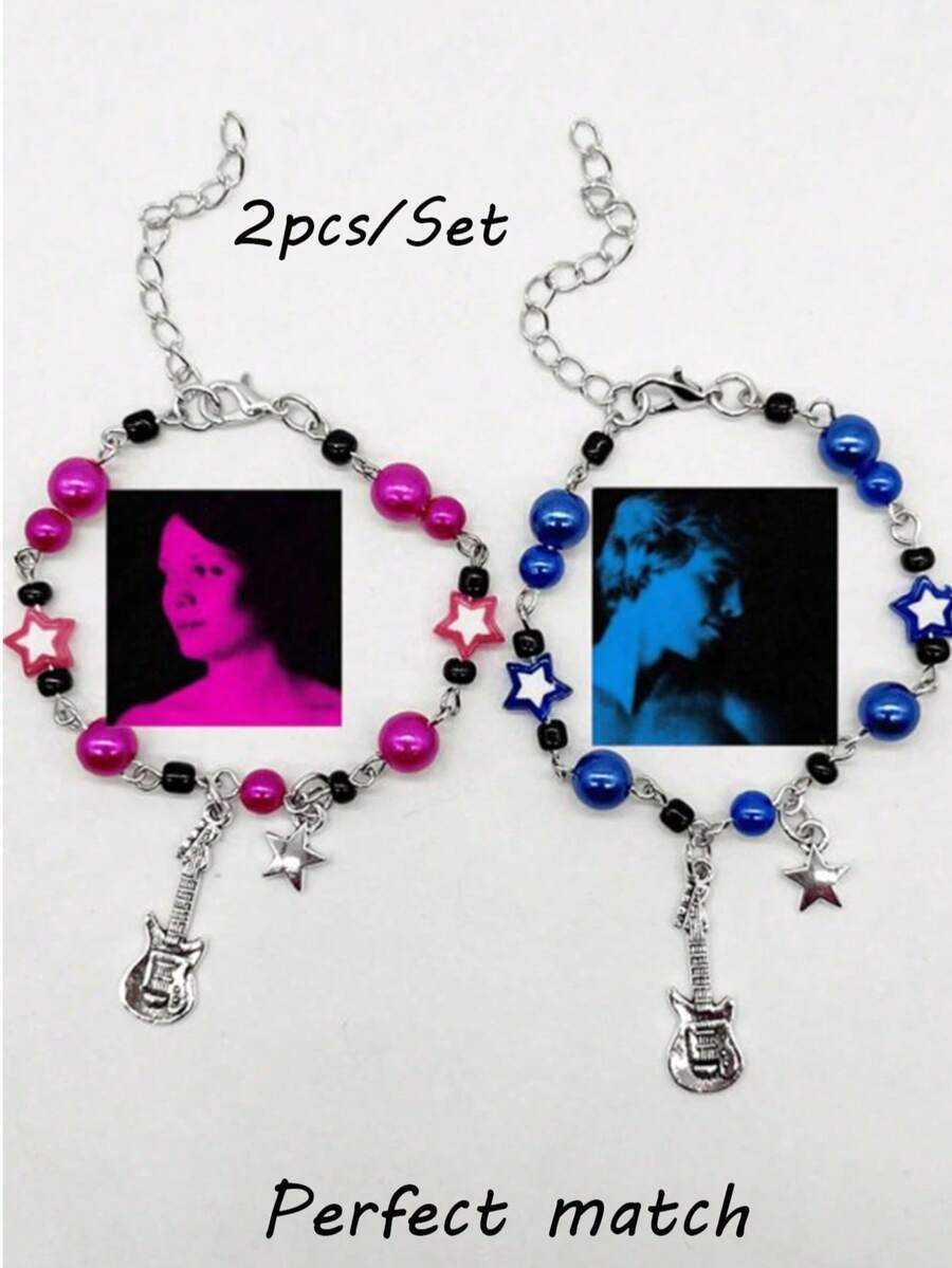 2pcs European And American Style Glass Letter & Guitar Beaded Unisex Y2k Couple Bracelets - A Unique Gift For Her - Multicolor - View 1