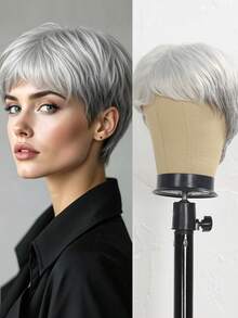 8-Inch Short Layered Straight Wig In Light Grey/Grey White/Gold/Highlighted Gold, Natural Appearance, Ideal For Parties, Mother's Day Outfits And Daily Wear, Texture Wig For Party Accessories - Multicolor - View 13