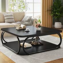Tribesigns 40 Inch Coffee Table With Storage Shelf, 2-Tier Low Square Coffee Table With Farmhouse Wood Tabletop Heavy Duty Metal Curved Frame For Living Room - 黑色 - 查看 5