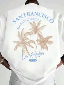 Costero |   Camiseta de manga corta para hombre de talla, estilo casual de vacaciones, con estampado de elementos costeros de California. |   Adecuado para usar en verano |   Cómodo y - Negro - Ver 1