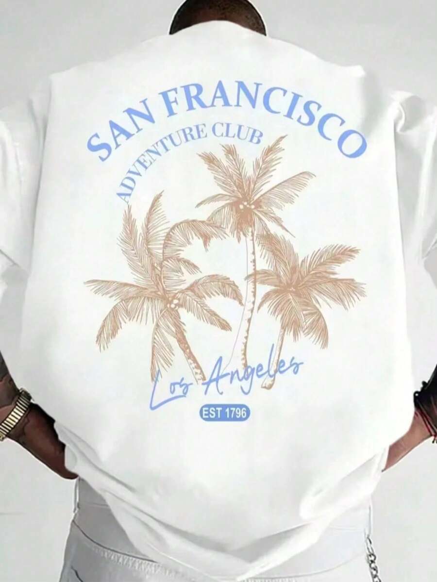 Costero |   Camiseta de manga corta para hombre de talla, estilo casual de vacaciones, con estampado de elementos costeros de California. |   Adecuado para usar en verano |   Cómodo y - Negro - Ver 1