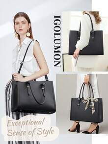Women's 15.6" Laptop PU Leather Tote Bag With Silk Scarf, Detachable Strap Work Handbag, Multi-Pocket Shoulder Bag For Office, Travel & Daily - Multicolor - View 3