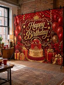 1 buah Latar Belakang Selamat Ulang Tahun Merah & Emas, Latar Belakang Pesta Poliester Mewah dengan Mahkota, Kue, Balon, Mawar, dan Pola Kotak Hadiah, Cocok untuk Ulang Tahun Pria & Wanita Dewasa, Stan Foto, Meja Hidangan Penutup, Aula Perjamuan, dan Dekorasi Perayaan di Rumah - Beraneka warna - View 6