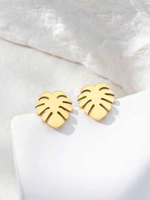 1 Pair European And American Fashion Minimalist Stainless Steel Leaf-Shaped Stud Earrings For Women, Suitable For Daily Wear - Multicolor - View 3