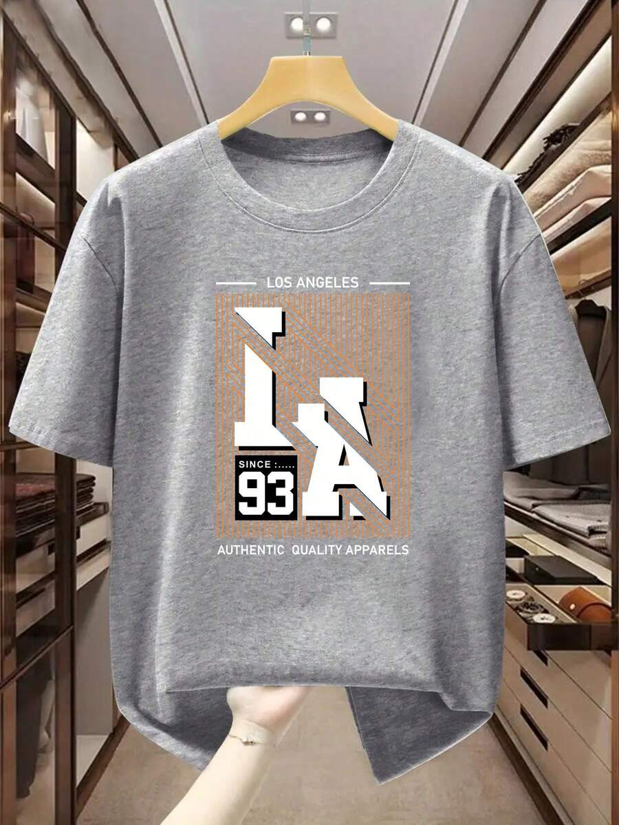 Men's Plus-Size T-Shirt, 100% Cotton, With A Los Angeles-Themed Print, Simple And Elegant, Highlights Individuality. Comfortable And Casual Short-Sleeved T-Shirt For Summer. - 灰色 - 查看 1