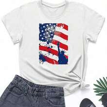 White T-Shirt For Toddlers With Patriotic 4th Of July Print, Casual, Short Sleeve, , Kindergarten Graduation, 4th Of July Girls, Children's Items, Clothing - 寶藍色 - 查看 1