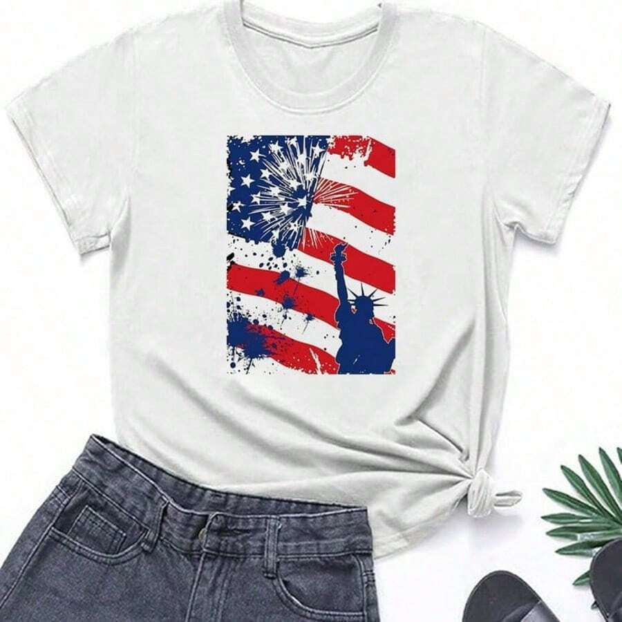 White T-Shirt For Toddlers With Patriotic 4th Of July Print, Casual, Short Sleeve, , Kindergarten Graduation, 4th Of July Girls, Children's Items, Clothing - 寶藍色 - 查看 1