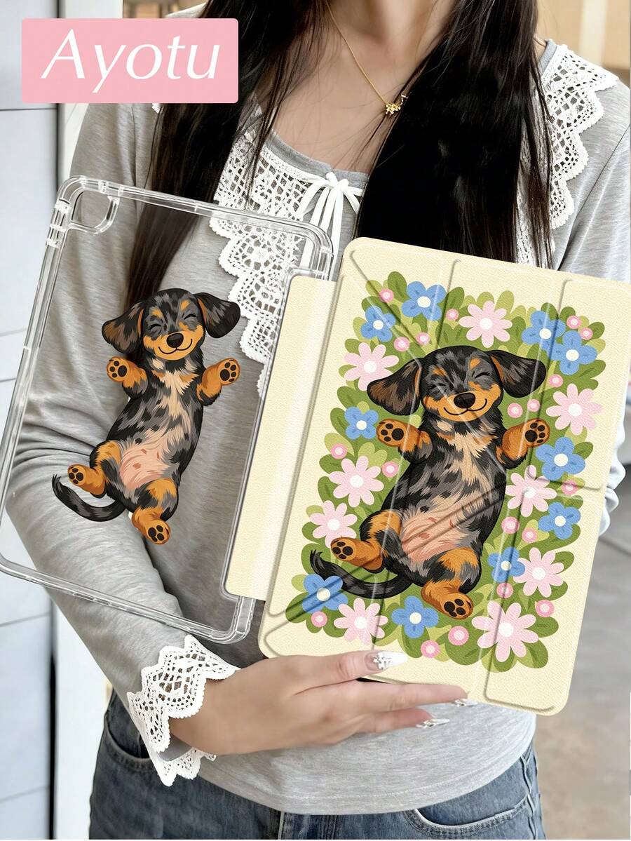 Ayotu Stylish Protective Case With Cartoon Dachshund And Flower Patterns, Y-Shaped Stand Flip Design, Compatible With IPad Kindle (11th Generation, Released In 2024) And Kindle Paperwhite (12th Generation, Released In 2024).