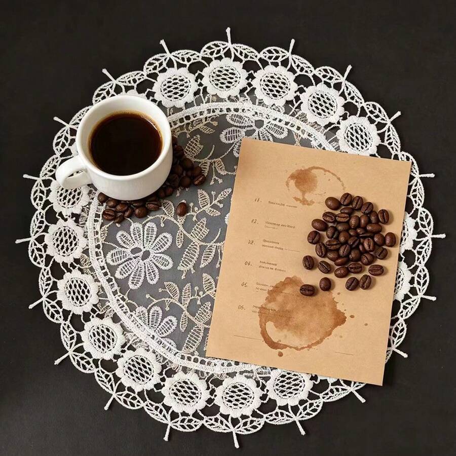 1個蕾絲刺繡圓形餐墊咖啡杯墊 家居辦公室裝飾 - 白色 - 查看 1