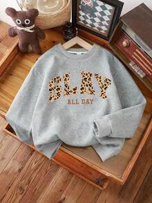 Fashionable Youth Girl Creative Print Sweatshirt, Casual Crew Neck Sweatshirt Paired With Versatile Loose Wide Leg Pants, 2-Piece Set For Autumn/Winter Daily Wear - Grey - View 3