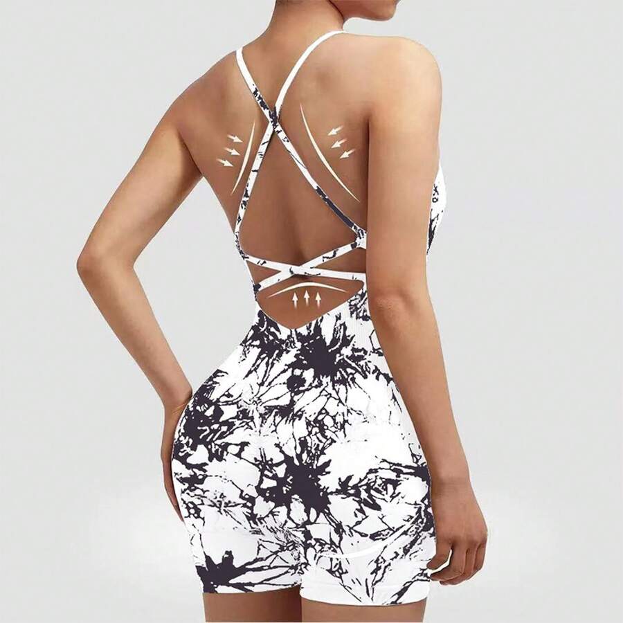 Women's Ribbed Yoga Bodysuit With Crisscross Back And Cutouts, One-Piece Sports Jumpsuit With High Cut And Butt Lifting Effect, Available In 16 Colors - 紮染白色 - 查看 1