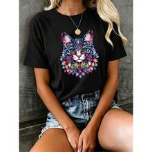 Camiseta de moda con estampado de gato, patrón moderno que muestra un temperamento único - [Negro] - Ver 7