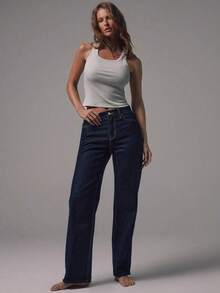 Jeans de tiro medio con pierna recta, lavado azul oscuro, tiro alto, de uso casual, para salir por la noche, volver al colegio, oficina, citas - Negro1 - Ver 2