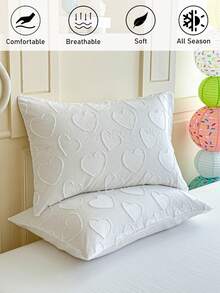 1pc White Cut-Out Heart Tufted Bed Pillowcase, Simple Cute Polyester Decorative Throw Pillow Cover Suitable For All Seasons, Decor, Machine Washable, Without Filling - White - View 2