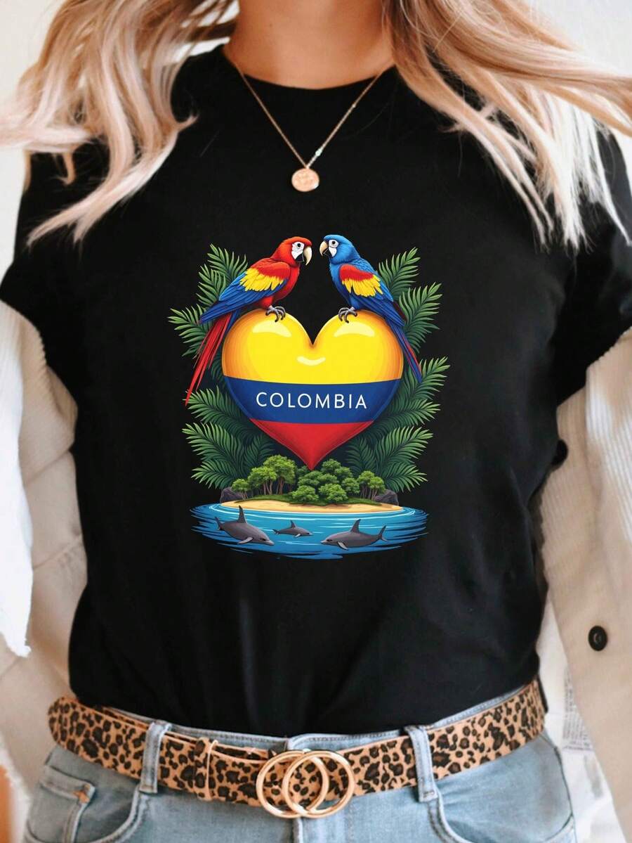 Camiseta suave 100% algodón con estampado de corazón de la bandera colombiana, manga corta, cuello redondo, top casual para verano y primavera, ropa de mujer, camiseta de algodón transpirabl - Negro - Ver 1