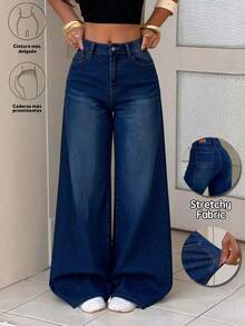 Pantalones de mezclilla rectos lavado, elásticos, efecto levantador de glúteos, control abdominal y caída amplia - lavado azul profundo - Ver 1