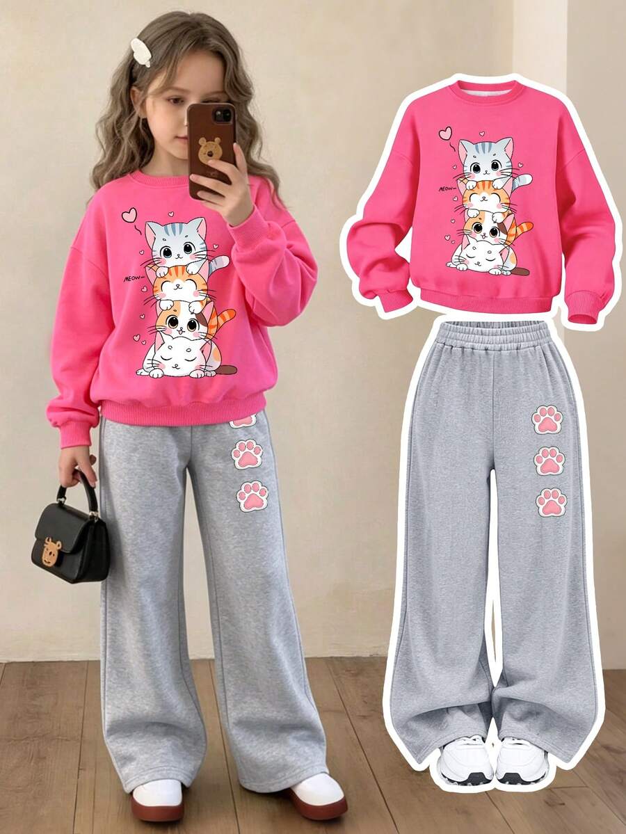 2pcs/Set Girls Casual Outfit, Cute Cat Print Sweatshirt + Long Pants, Soft Fabric, Suitable For Daily Wear And School - Hot Pink - View 1