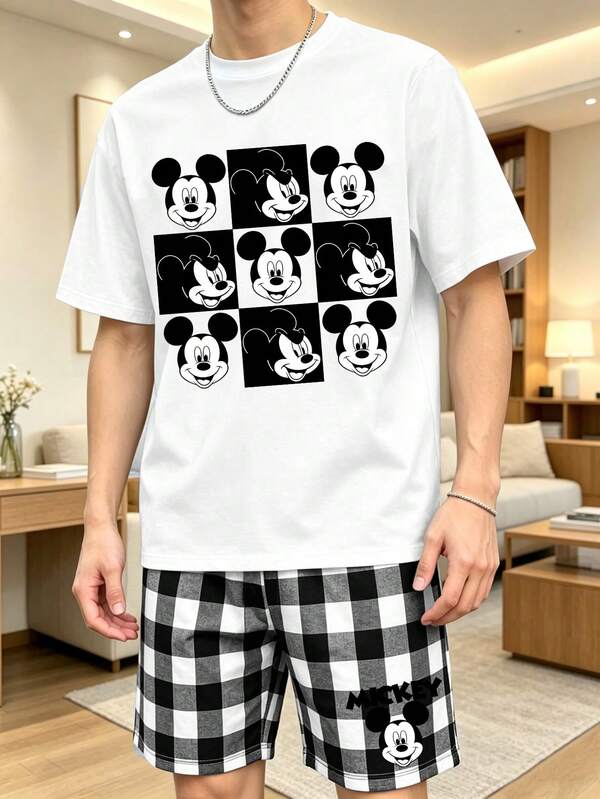 Setelan Pakaian Santai Musim Panas Pria Motif Disney Mickey Mouse 9-Grid, Kaos Kasual dan Celana Pendek Kotak-kotak 2 Potong