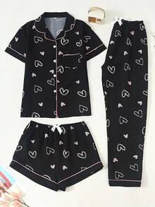 Heart Print Short Sleeve Top, Shorts, Long Pants 3 PiecesWomen's Pajama Set - Black - View 1