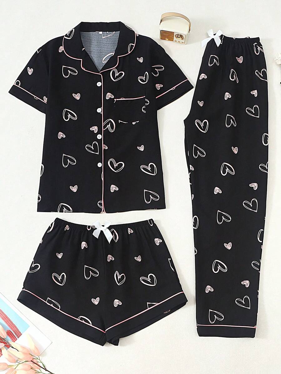 Heart Print Short Sleeve Top, Shorts, Long Pants 3 PiecesWomen's Pajama Set - Black - View 1