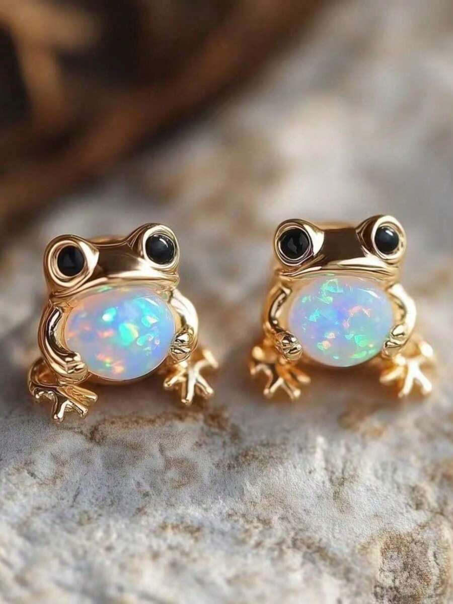 1 Pair Of Elegant And Cute Vintage Frog-Shaped Stud Earrings Inlaid With Faux Opal, Suitable For Women's Daily Wear, Parties, And Travel - 金黃色 - 查看 1